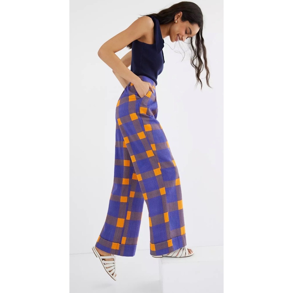 Porridge Preppy Plaid Wide-Leg Pants Purple Orange Seersucker Pleated Small